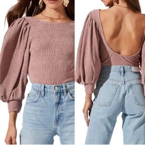 ASTR The Label Scoop Back Drape Balloon Sleeve Bodysuit Mauve Pink Size: XL